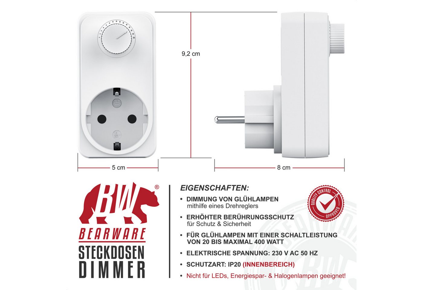 BEARWARE Drehdimmer Steckdosendimmer mit Drehregler für Glühlampen, 20 - 400 W (1-St), Universal Dimmer / Helligkeitsregler für Tischlampen und Stehlampen Bild 2