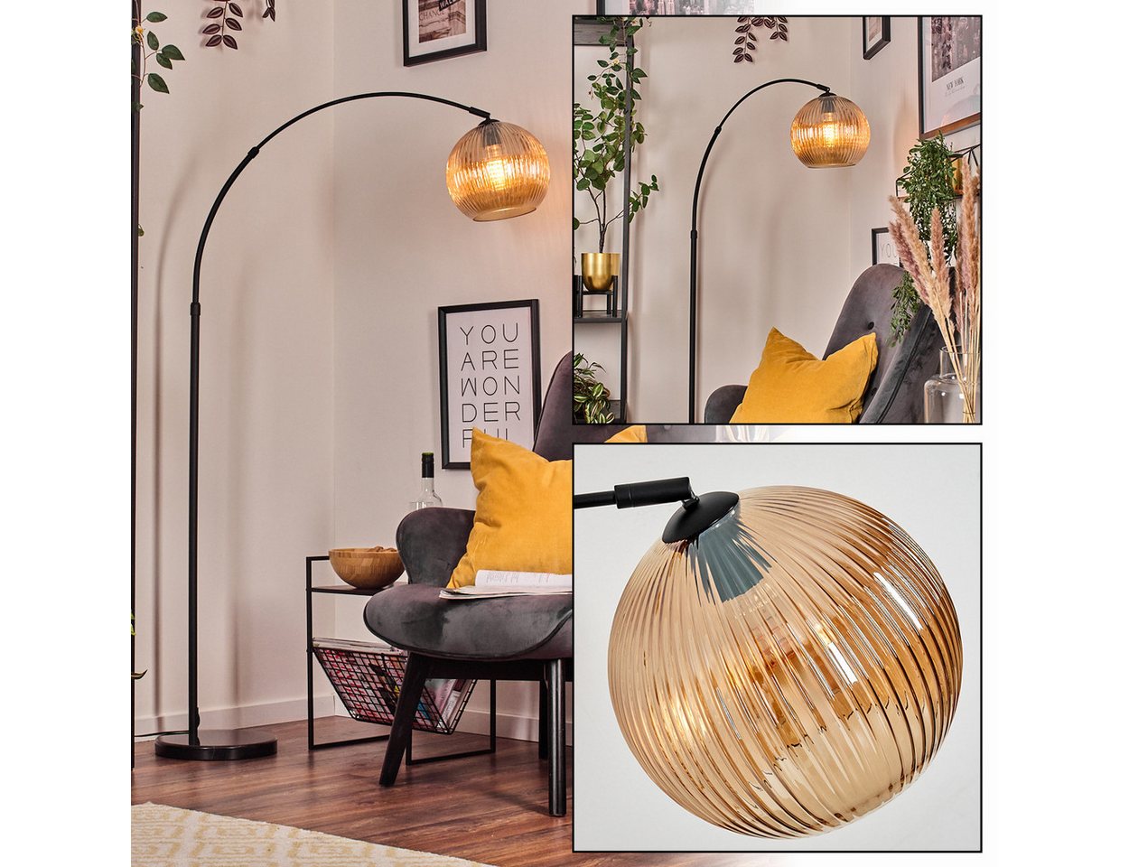 hofstein Bogenlampe Stehlampe aus Metall/Riffelglas in Schwarz/Bernstein mit Marmorfuß, ohne Leuchtmittel, moderne Stehleuchte verstellbar, Ø Schirm 25 cm, Fußschalter, E27