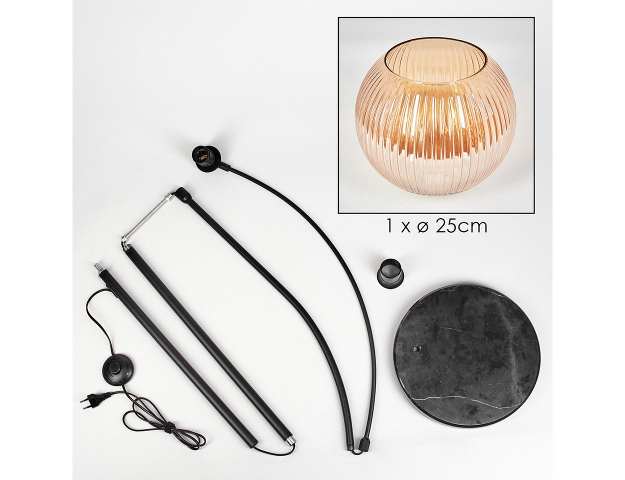 hofstein Bogenlampe Stehlampe aus Metall/Riffelglas in Schwarz/Bernstein mit Marmorfuß, ohne Leuchtmittel, moderne Stehleuchte verstellbar, Ø Schirm 25 cm, Fußschalter, E27 Bild 5