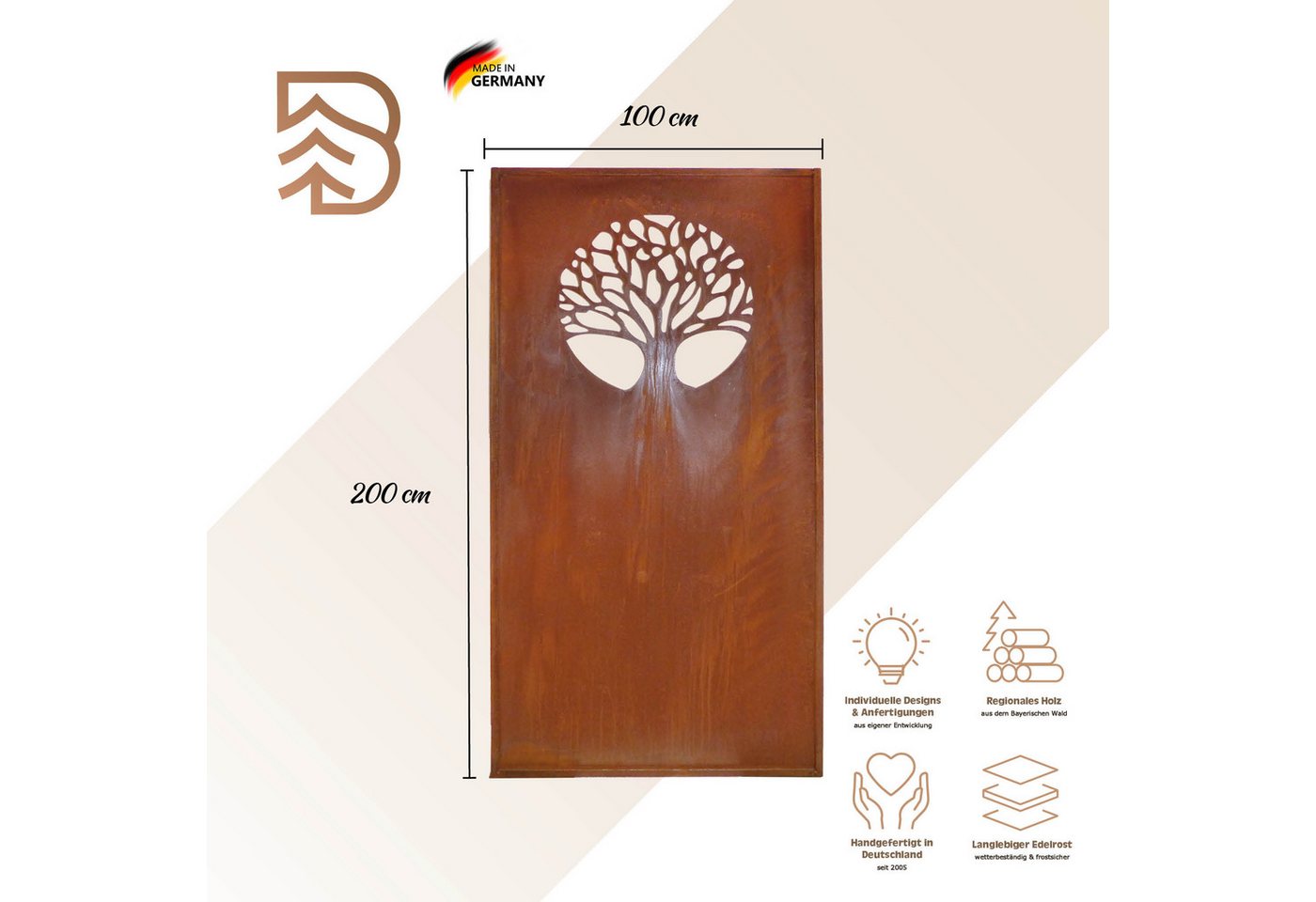 BADEKO Sichtschutzelement Sichtschutz Paravent Lebensbaum 200x100cm Edelrost Cortenstahloptik