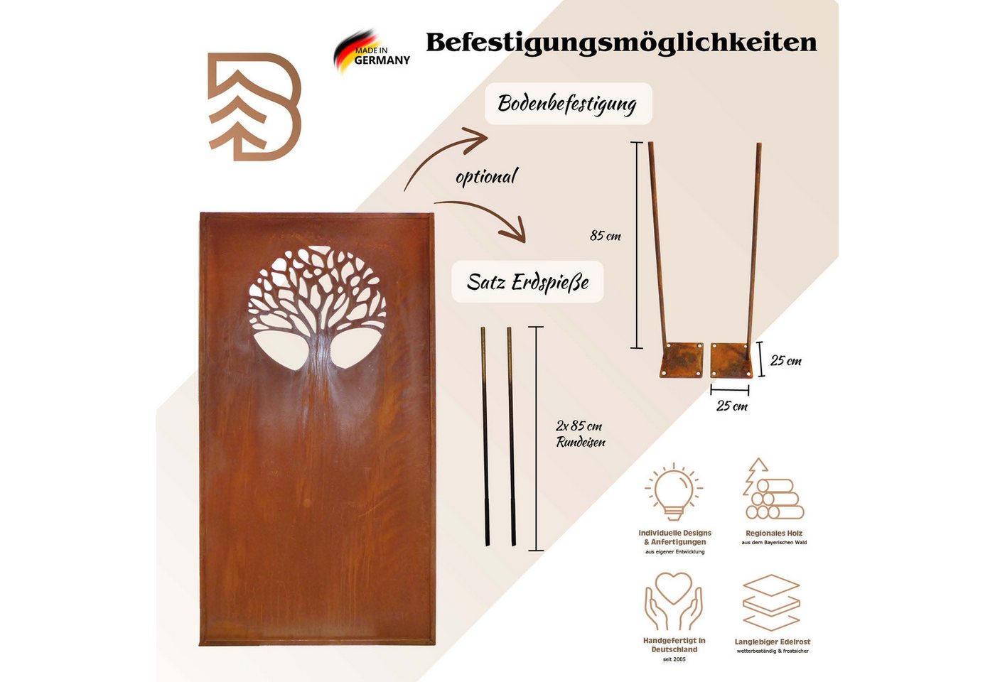 BADEKO Sichtschutzelement Sichtschutz Paravent Lebensbaum 200x100cm Edelrost Cortenstahloptik Bild 3