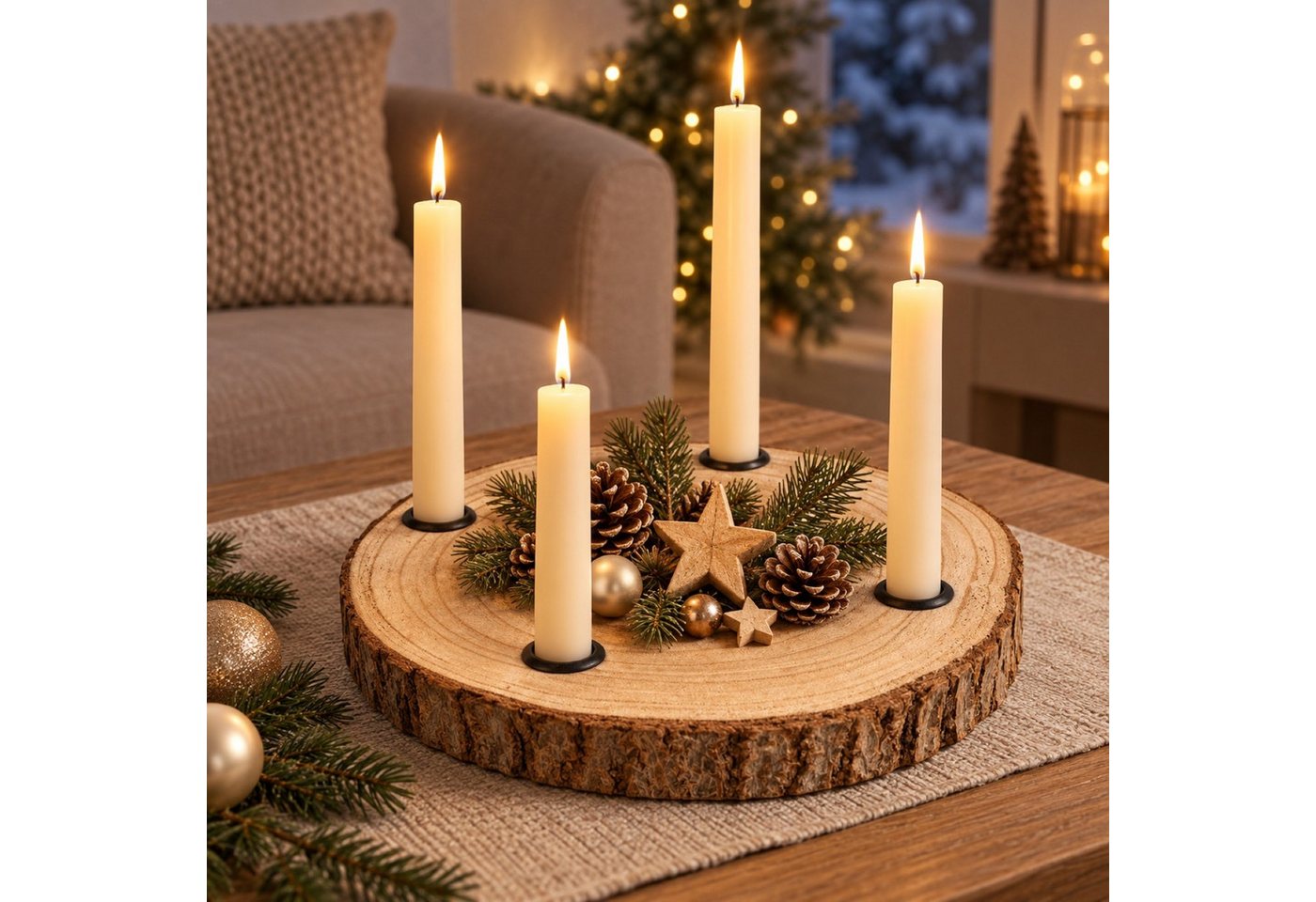 Online-Fuchs Adventskranz für Stabkerzen, Kerzenhalter aus einer Holz Baumscheibe Weihnachtsdeko, bietet Platz für eigene kreative Ideen Bild 4