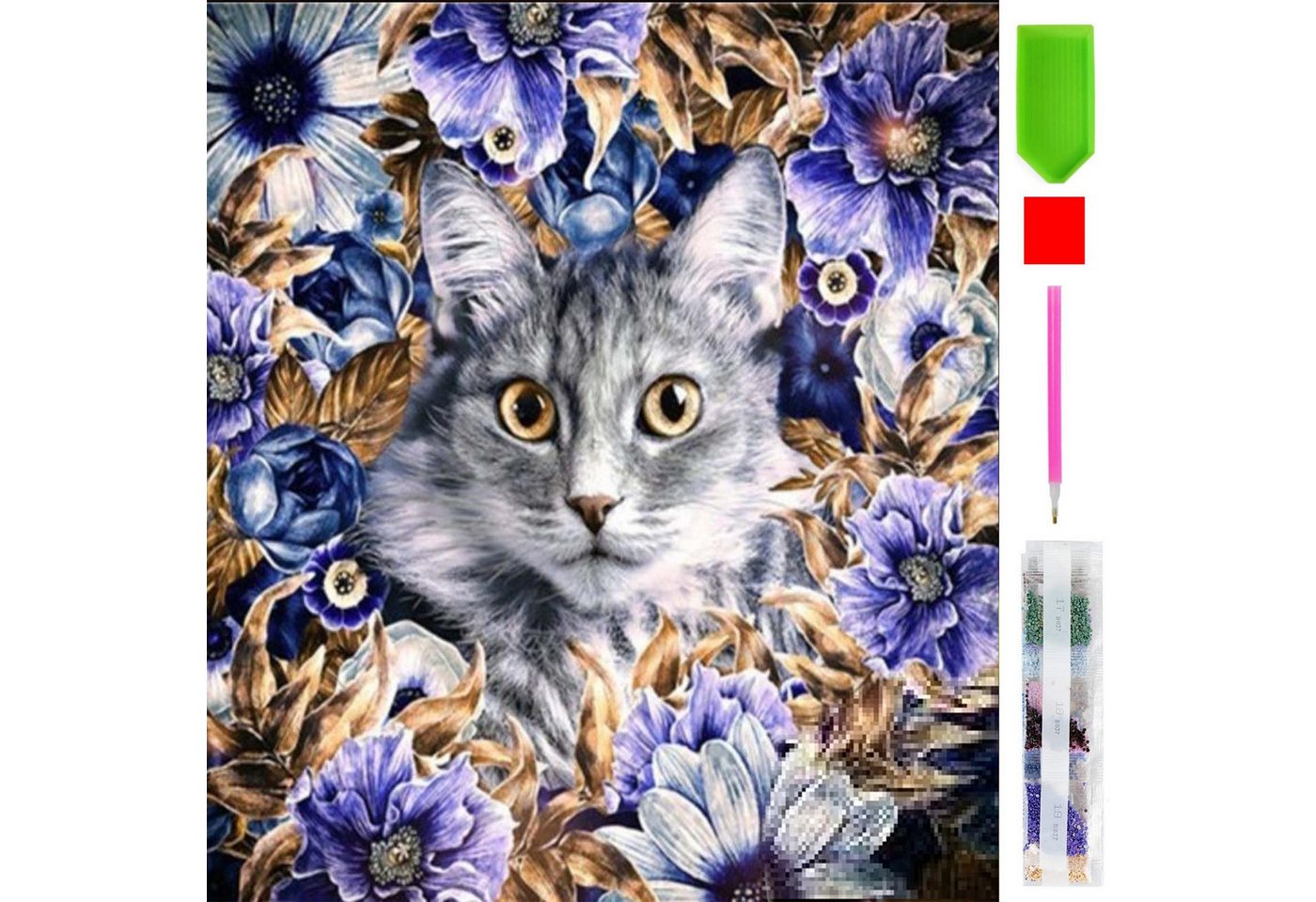 Realb2b Malen nach Zahlen 5d Diamond Painting Katze mit Blumen Malen nach Zahlen 20x20cm (Komplettset für 5D Diamond Painting inklusive Leinwand, Diamanten und Werkzeugen, Diamond Painting Set mit Zubehör für DIY-Kreativität und Entspannung), 20x20cm 5D Diamond Painting mit präziser Klebeschicht & Zubehör