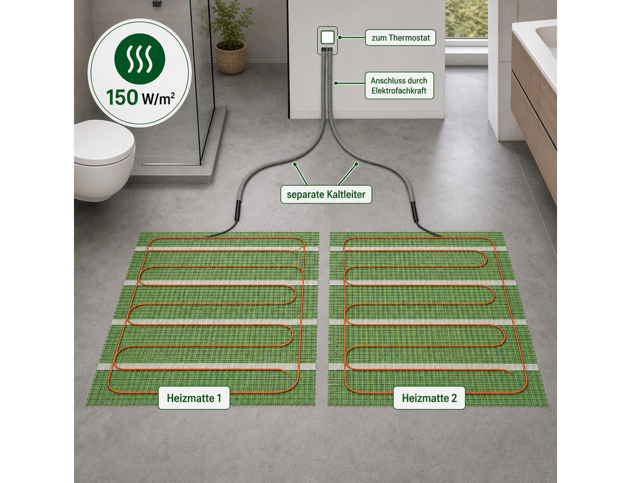 ART OF BAAN Fußbodenheizung Elektrische Fußbodenheizung 150 W/m² Dünnbett-Heizmatte 4 m² Fliesen Bild 2