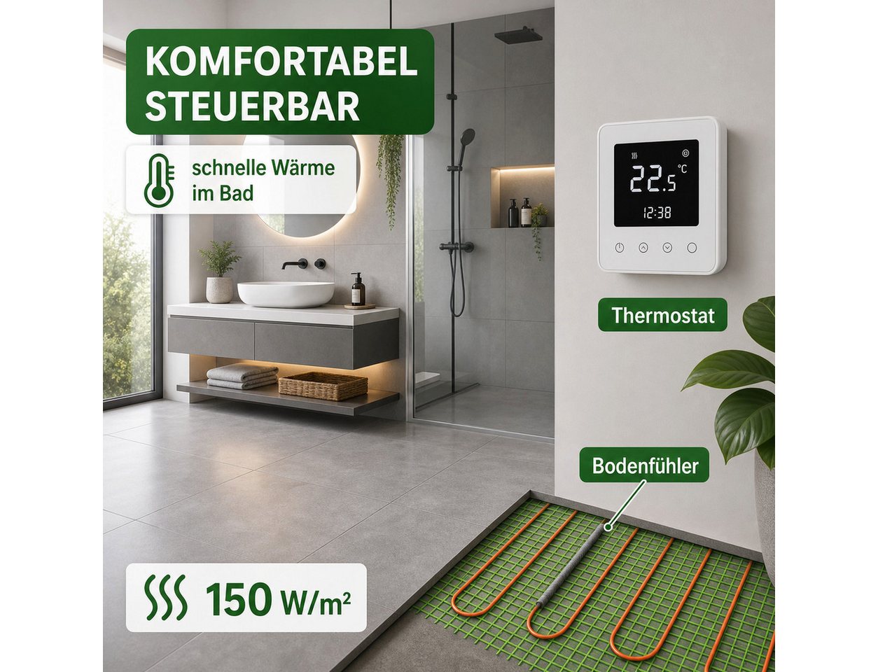 ART OF BAAN Fußbodenheizung Elektrische Fußbodenheizung 150 W/m² Dünnbett-Heizmatte 4 m² Fliesen Bild 4