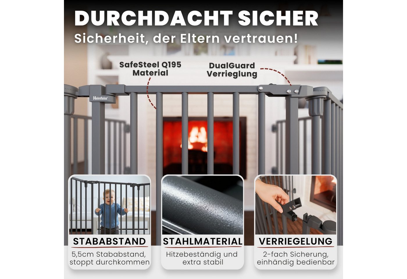 Heimfleiss® Ofenschutzgitter Kaminschutzgitter ohne Bohren Baby Hunde (Treppenschutzgitter Türgitter, 5 St., inkl. Saugnäpfe & Wandhalterungen), 308 cm mit Türfunktion