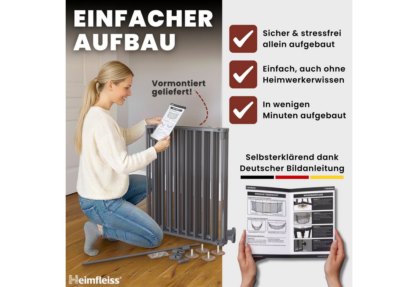 Heimfleiss® Ofenschutzgitter Kaminschutzgitter ohne Bohren Baby Hunde (Treppenschutzgitter Türgitter, 5 St., inkl. Saugnäpfe & Wandhalterungen), 308 cm mit Türfunktion Bild 2