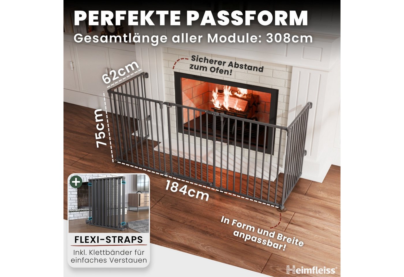 Heimfleiss® Ofenschutzgitter Kaminschutzgitter ohne Bohren Baby Hunde (Treppenschutzgitter Türgitter, 5 St., inkl. Saugnäpfe & Wandhalterungen), 308 cm mit Türfunktion Bild 5