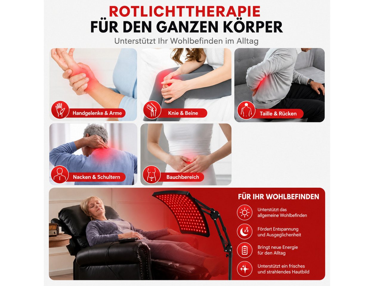 Fyrove Infrarotlampe LED, Rotlichtpanel, Nahinfrarotlampe für Gesicht und Körper, Rotlichtgerät mit Standfuß für Wellness, Beauty, Zuhause und Alltag, 120 Dual-Chip-LEDs, 660/850 nm, gebogenes Panel, flexibler Standfuß