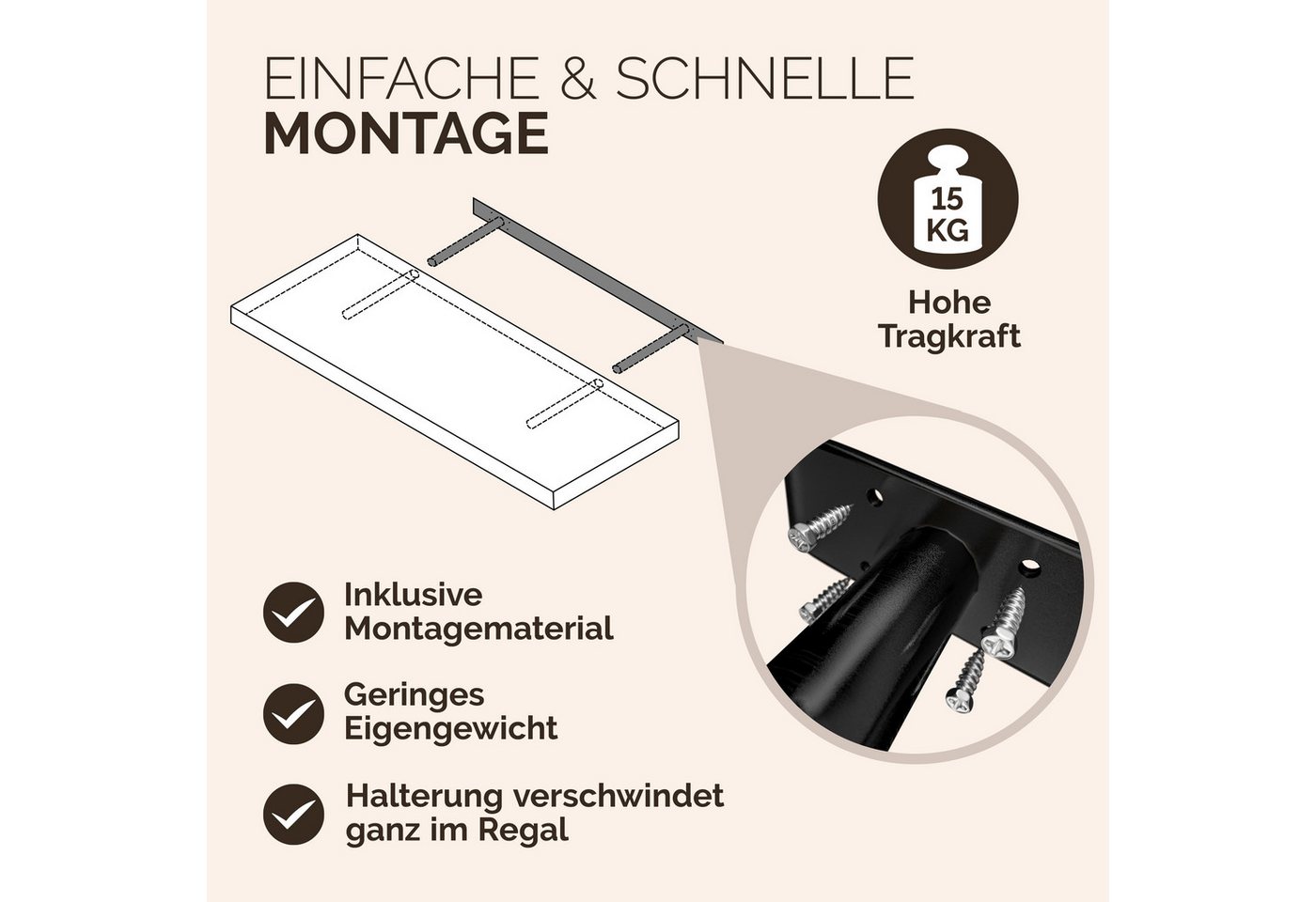 Casaria Wandboard, Schwarz Hängeregal mit Halterung 15kg Tragkraft Küche Matt 50cm Bild 4