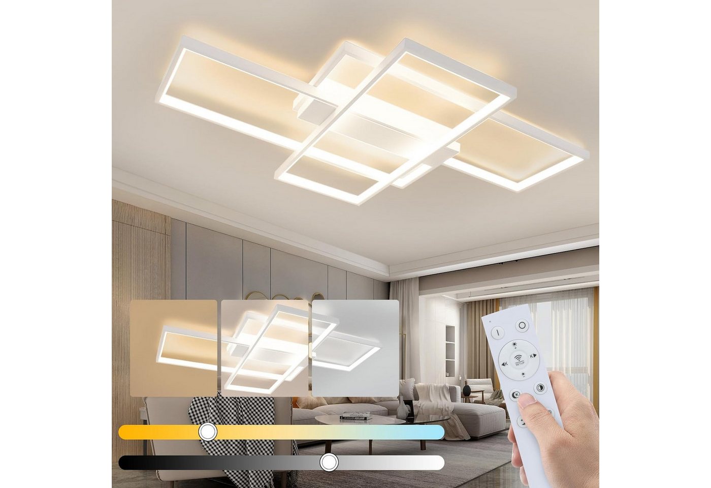 ZMH LED Deckenleuchte 100 cm, geometrische Deckenlampe 88 W mit Fernbedienung, dimmbar 3000–6000 K, LED fest integriert, Warmweiß bis Kaltweiß, Memory-Funktion für Wohnzimmer Esszimmer Büro