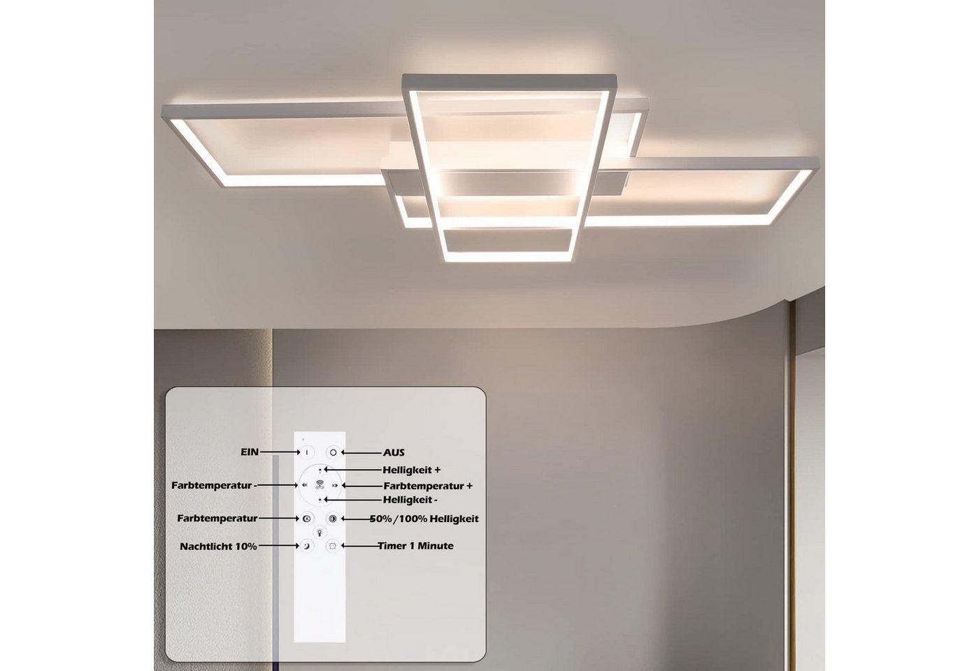 ZMH LED Deckenleuchte 100 cm, geometrische Deckenlampe 88 W mit Fernbedienung, dimmbar 3000–6000 K, LED fest integriert, Warmweiß bis Kaltweiß, Memory-Funktion für Wohnzimmer Esszimmer Büro Bild 2
