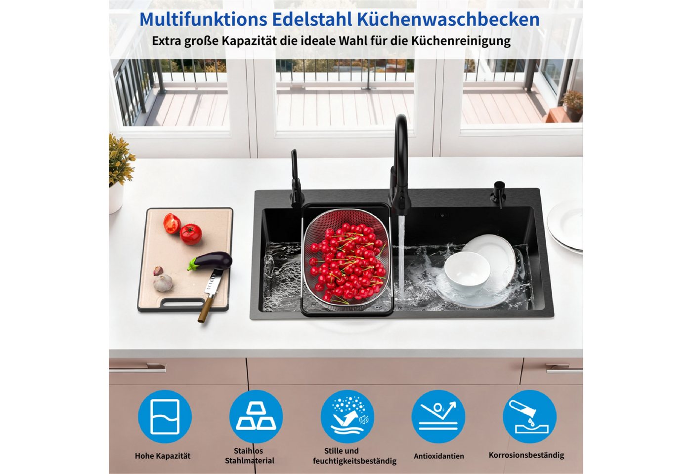 Rutaqian Küchenspüle 80 x 45 cm Küchenspüle Einbauspüle aus Edelstahl für die Arbeitsfläche, 45/80 cm, Küchenspüle Schneidebrett und Abtropfkorb, Einzelbecken mit Zubehör Bild 2