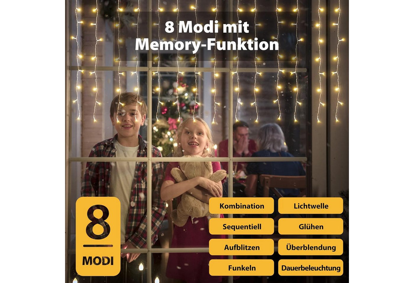 Salcar LED-Lichtervorhang LED Lichterkette Eisregenvorhang Außen, 8 Beleuchtungsmodi, Timer, Spritzwassergeschützt, 2m 100 LED Warmweiß Bild 2