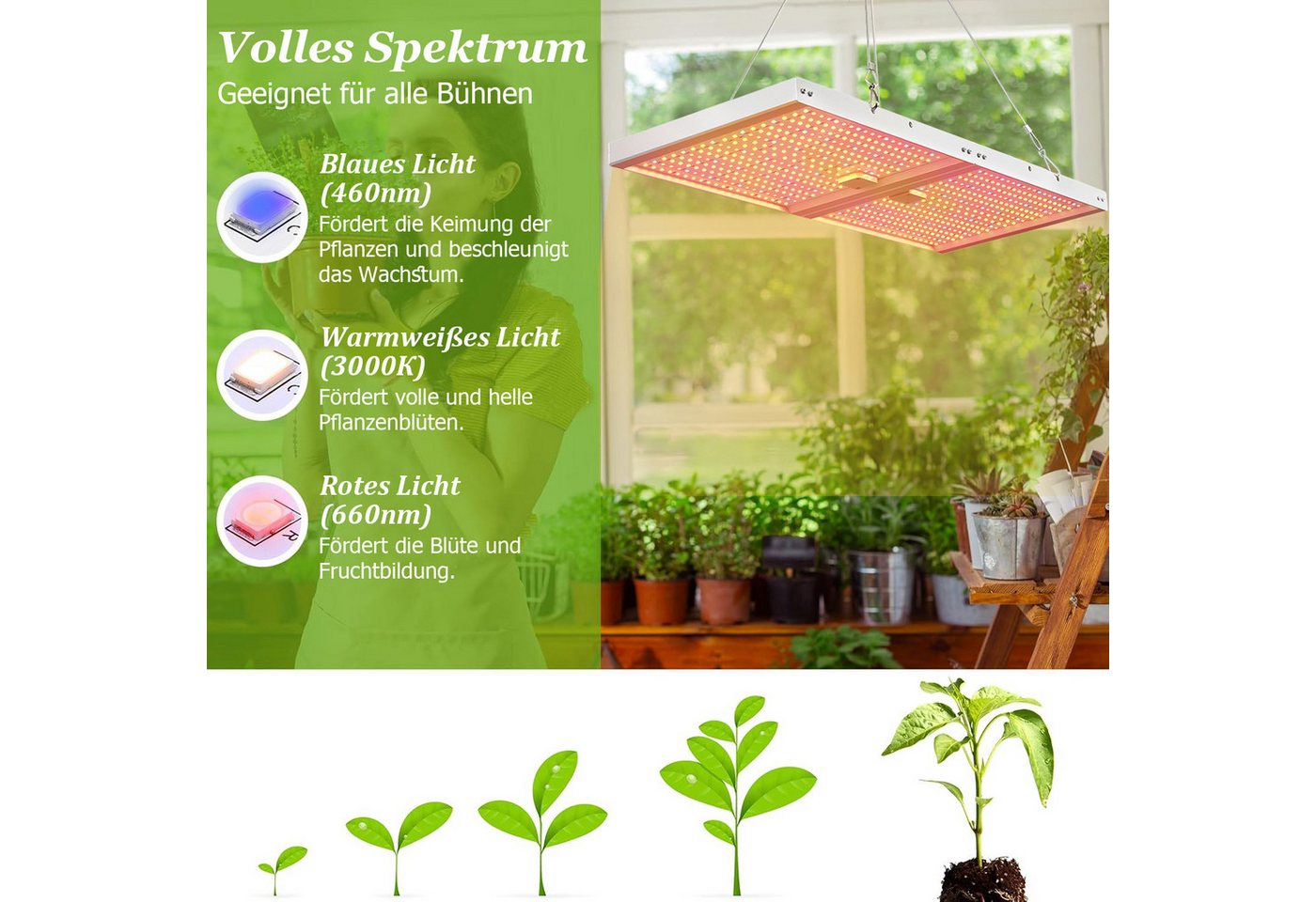 MUPOO Pflanzenlampe Vollspektrum 728 LEDs Pflanzenwachstumslicht Faltbare Wachstumslampe, 476 Warmweiß, 180 Rot, 72 Blau, 120W mit Fernbedienung,Timer,10-Stufige Helligkeit