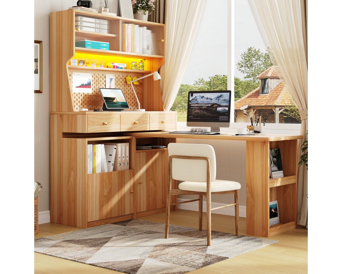 Odikalo Küchenbuffet Küchenschrank Buffetschrank mit Schreibtisch & LED (Multifunktionaler Stehschrank mit LED-Beleuchtung und App-Steuerung, Glastüren verstellbare Böden Pegboard, für Wohnzimmer, Esszimmer) 137×74×177.7cm
