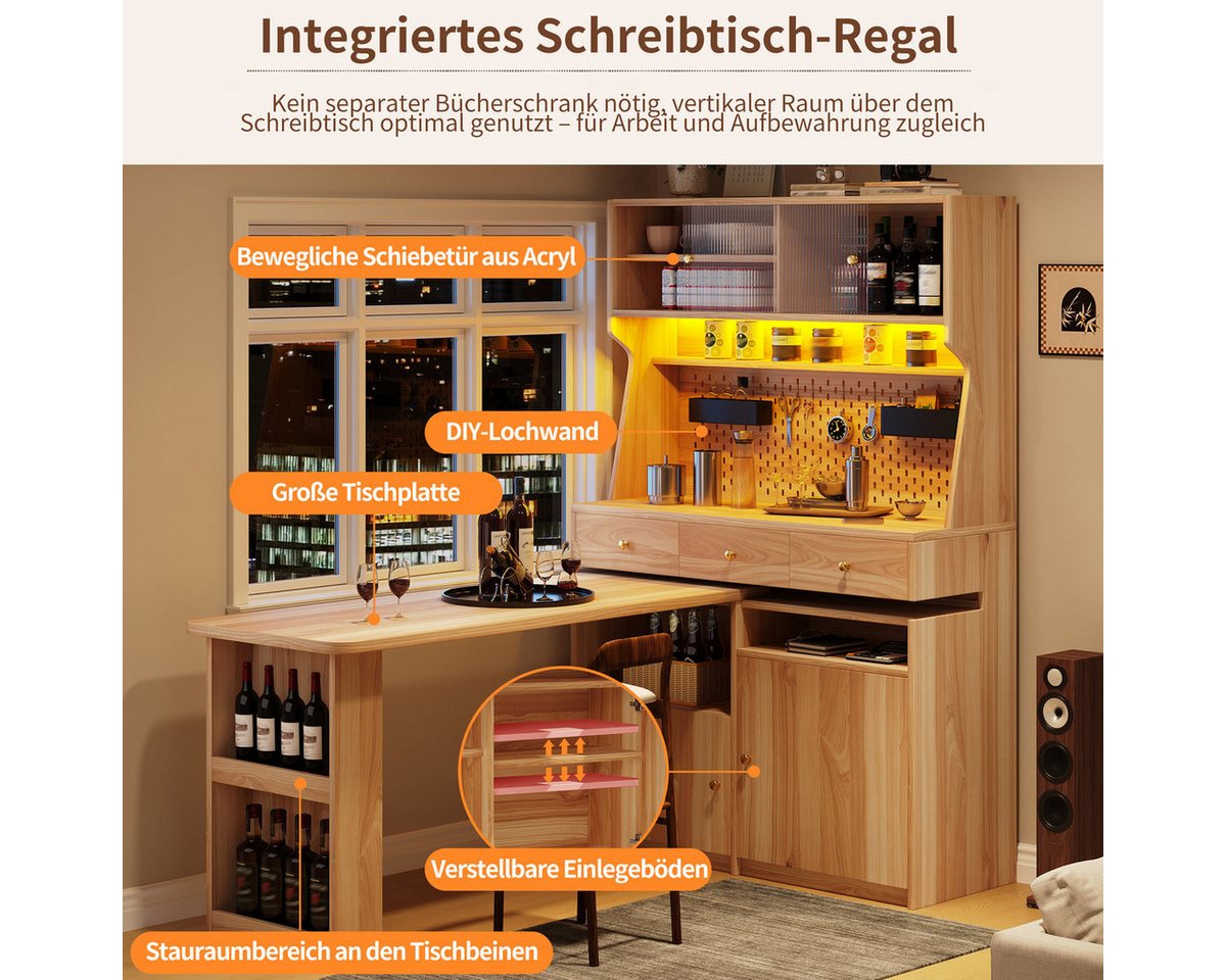 Odikalo Küchenbuffet Küchenschrank Buffetschrank mit Schreibtisch & LED (Multifunktionaler Stehschrank mit LED-Beleuchtung und App-Steuerung, Glastüren verstellbare Böden Pegboard, für Wohnzimmer, Esszimmer) 137×74×177.7cm Bild 2