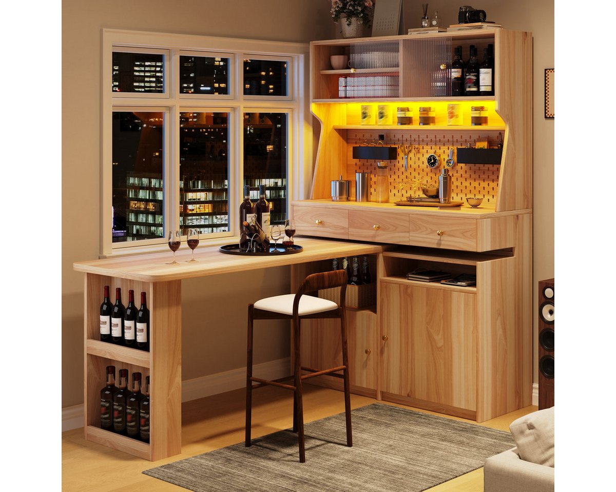 Odikalo Küchenbuffet Küchenschrank Buffetschrank mit Schreibtisch & LED (Multifunktionaler Stehschrank mit LED-Beleuchtung und App-Steuerung, Glastüren verstellbare Böden Pegboard, für Wohnzimmer, Esszimmer) 137×74×177.7cm Bild 3