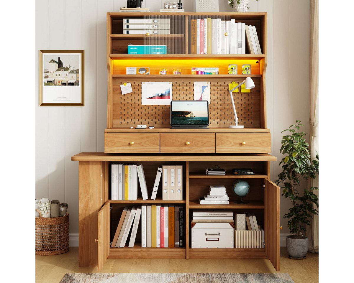 Odikalo Küchenbuffet Küchenschrank Buffetschrank mit Schreibtisch & LED (Multifunktionaler Stehschrank mit LED-Beleuchtung und App-Steuerung, Glastüren verstellbare Böden Pegboard, für Wohnzimmer, Esszimmer) 137×74×177.7cm Bild 4