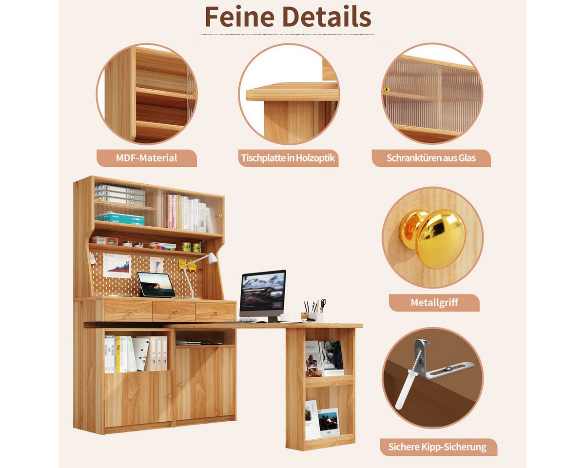 Odikalo Küchenbuffet Küchenschrank Buffetschrank mit Schreibtisch & LED (Multifunktionaler Stehschrank mit LED-Beleuchtung und App-Steuerung, Glastüren verstellbare Böden Pegboard, für Wohnzimmer, Esszimmer) 137×74×177.7cm Bild 5