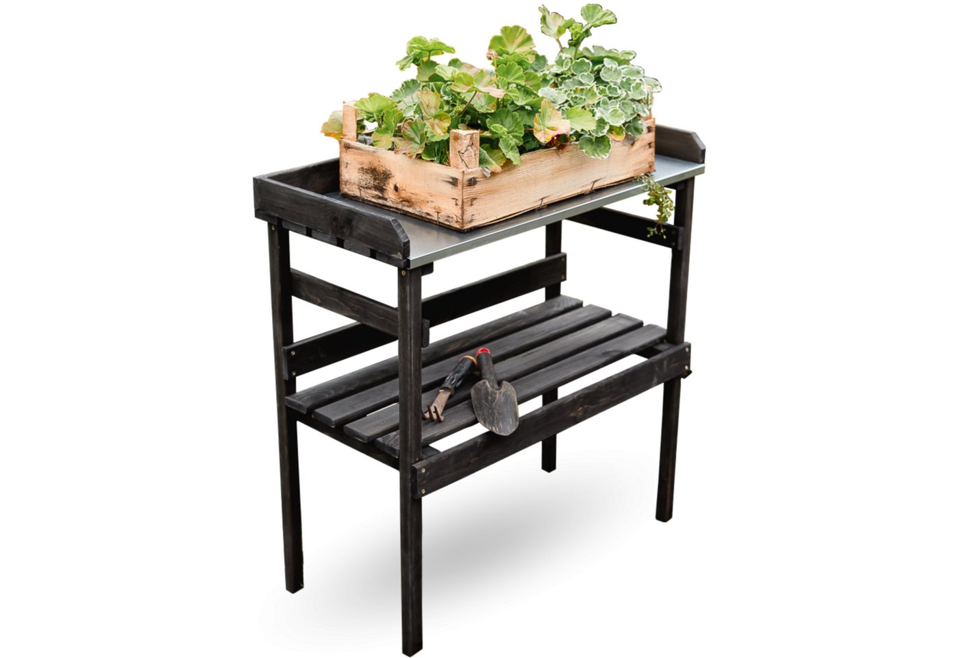 holz4home® Pflanztisch Gartentisch aus Holz für Gartenarbeiten & Pflanzen, Dunkler Look, Verzinkte Arbeitsplatte