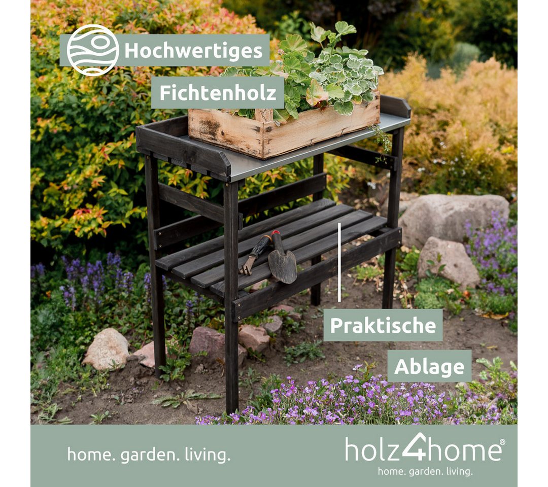 holz4home® Pflanztisch Gartentisch aus Holz für Gartenarbeiten & Pflanzen, Dunkler Look, Verzinkte Arbeitsplatte Bild 3