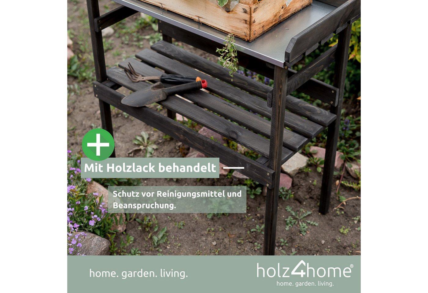 holz4home® Pflanztisch Gartentisch aus Holz für Gartenarbeiten & Pflanzen, Dunkler Look, Verzinkte Arbeitsplatte Bild 4