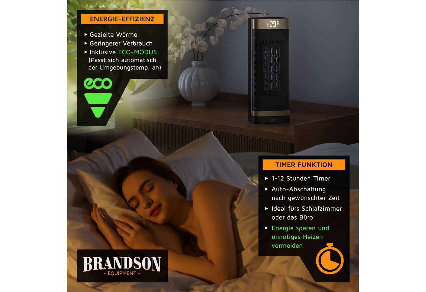 Brandson Heizlüfter Keramik, 2000 W, Heizgerät, Timer, Oszillation 70 Grad, Fernbedienung, 2000 W, kompakt, ECO-Modus, Lüftermodus, 10-35°C, Preisträger 2025