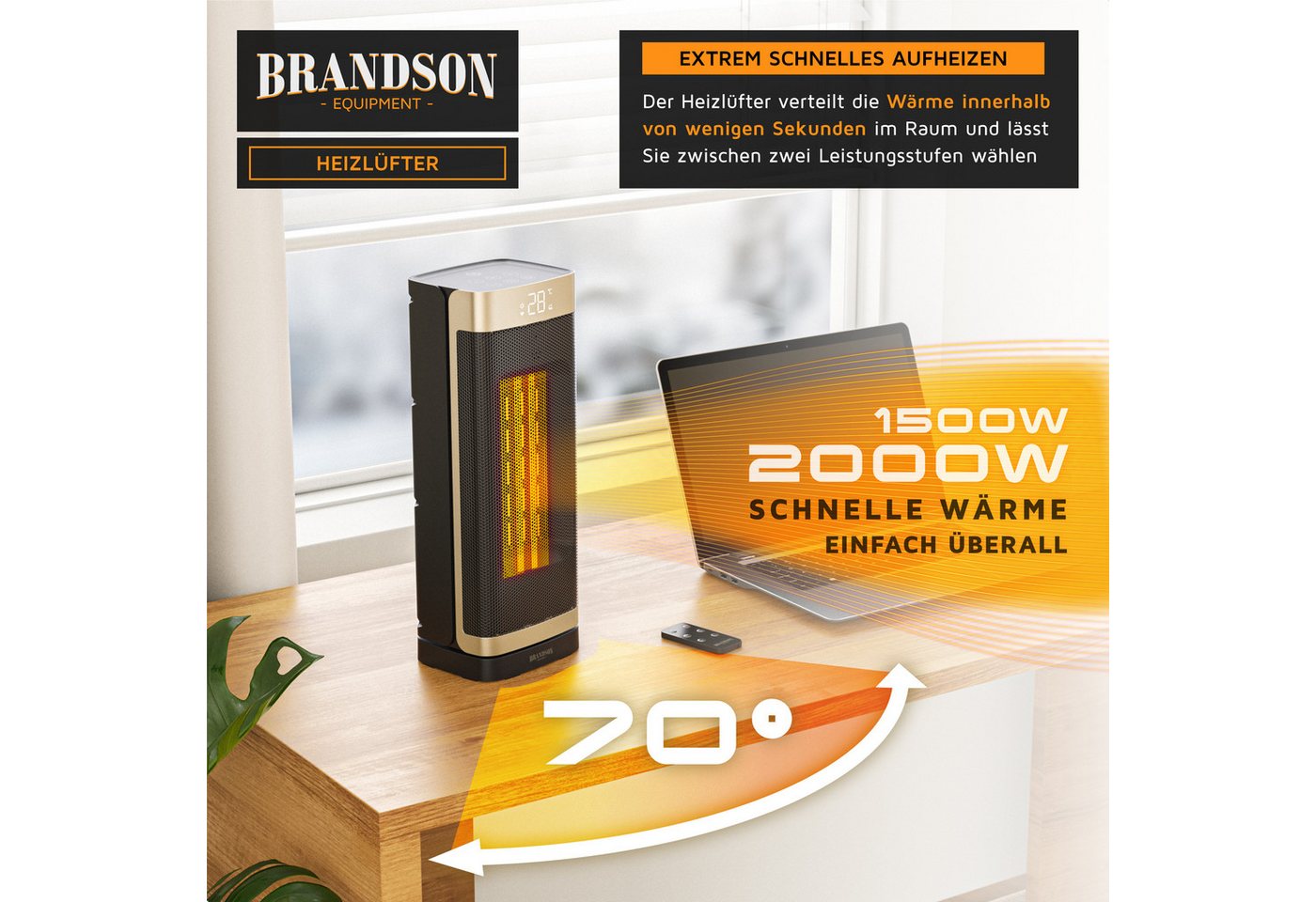 Brandson Heizlüfter Keramik, 2000 W, Heizgerät, Timer, Oszillation 70 Grad, Fernbedienung, 2000 W, kompakt, ECO-Modus, Lüftermodus, 10-35°C, Preisträger 2025 Bild 3