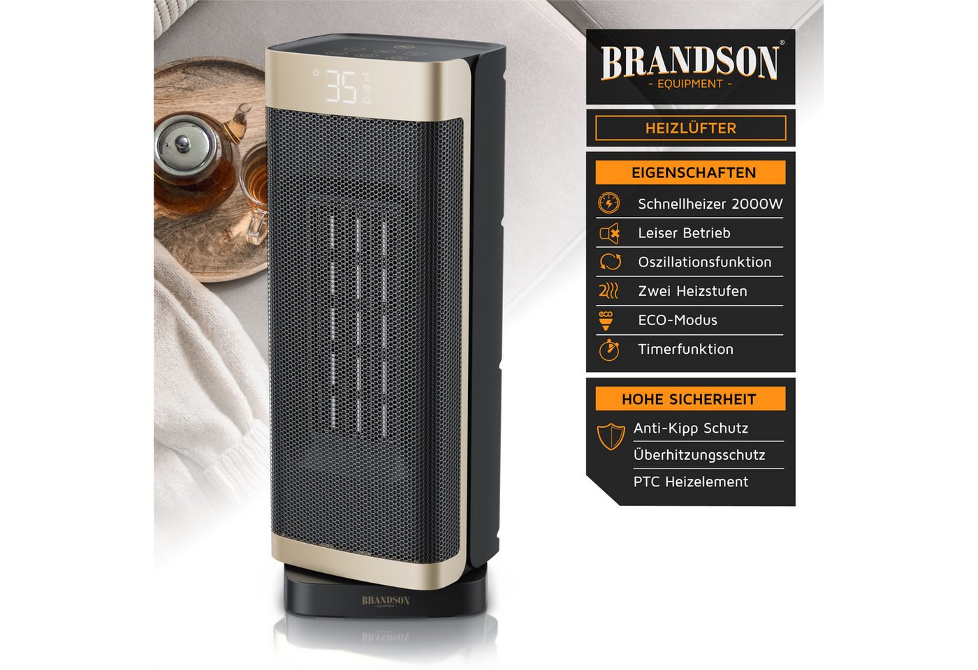 Brandson Heizlüfter Keramik, 2000 W, Heizgerät, Timer, Oszillation 70 Grad, Fernbedienung, 2000 W, kompakt, ECO-Modus, Lüftermodus, 10-35°C, Preisträger 2025 Bild 4