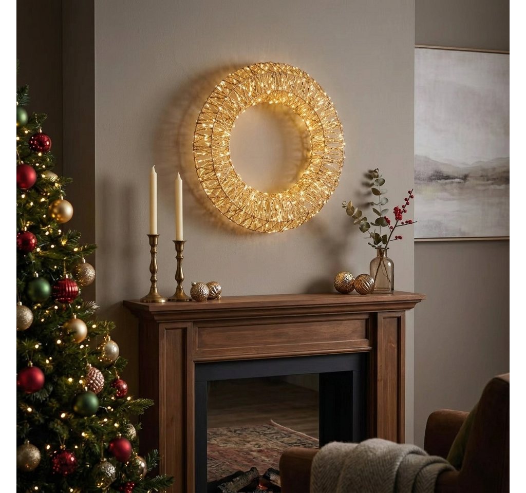 Home-trends24.de LED Dekofigur LED Kranz Gold Wanddeko Hänge Deko Weihnachten Innen Außen Ø 38 cm, LED Bild 2