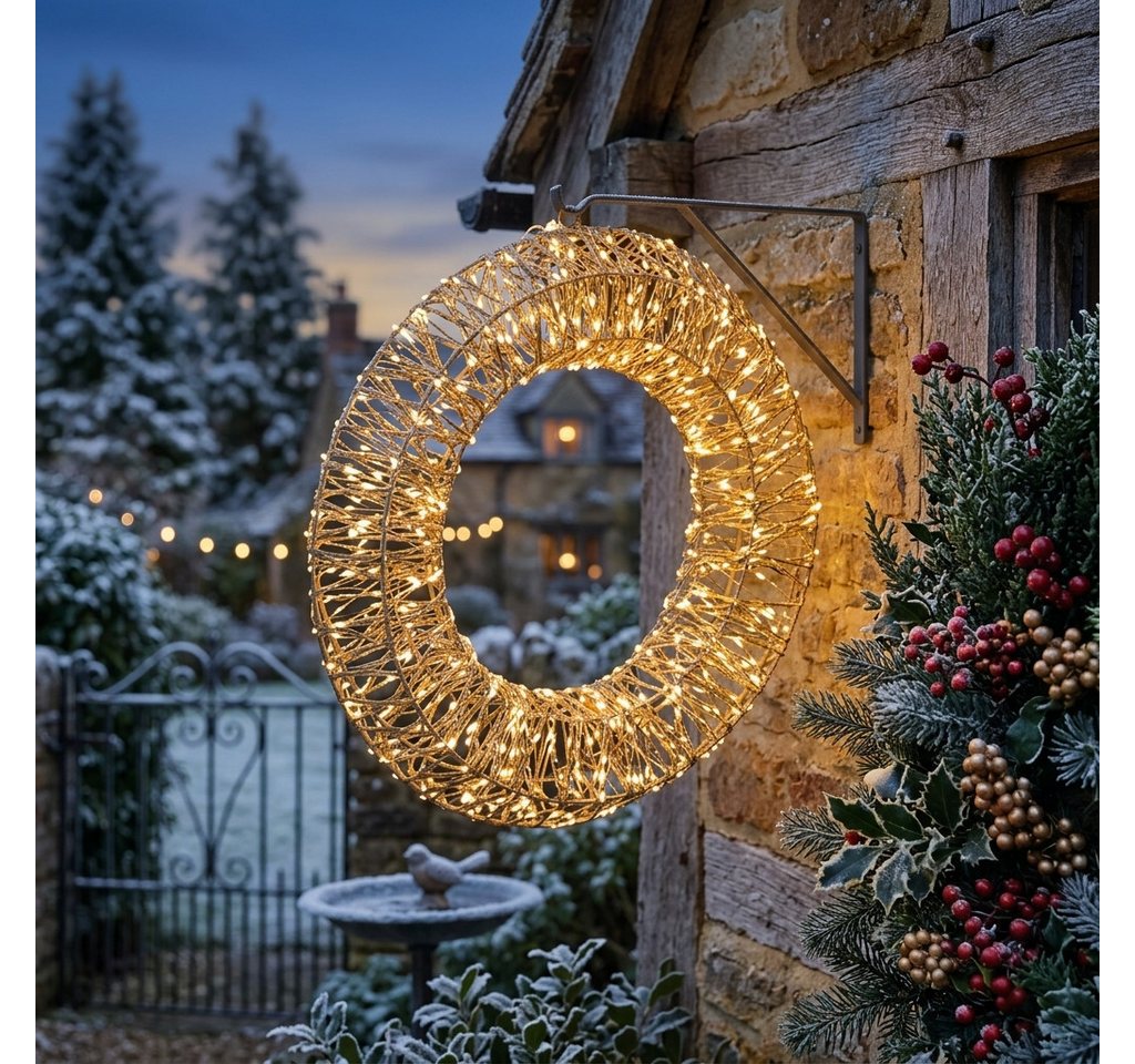 Home-trends24.de LED Dekofigur LED Kranz Gold Wanddeko Hänge Deko Weihnachten Innen Außen Ø 38 cm, LED Bild 5