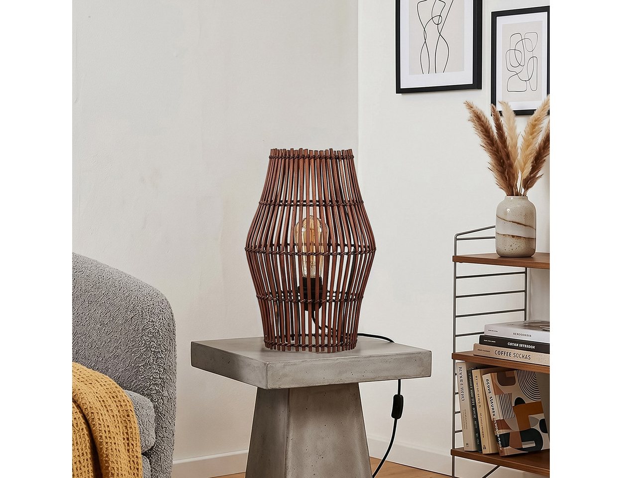 hofstein Tischleuchte Tischlampe aus Metall/Bambus in Schwarz/Braun, ohne Leuchtmittel, Tischleuchte im Boho-Design, Lichteffekt, Schalter am Kabel, 32cm, E27