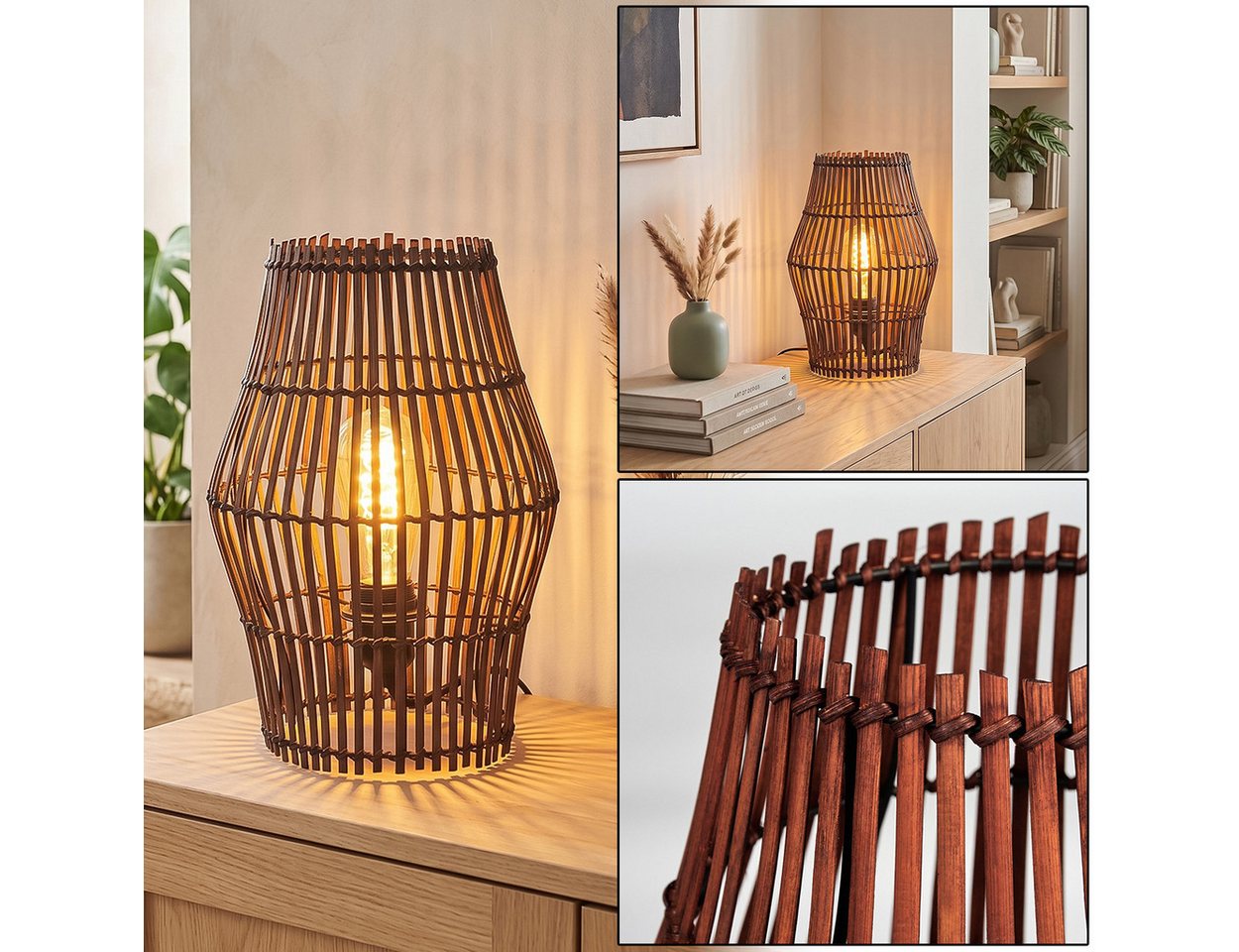 hofstein Tischleuchte Tischlampe aus Metall/Bambus in Schwarz/Braun, ohne Leuchtmittel, Tischleuchte im Boho-Design, Lichteffekt, Schalter am Kabel, 32cm, E27 Bild 2