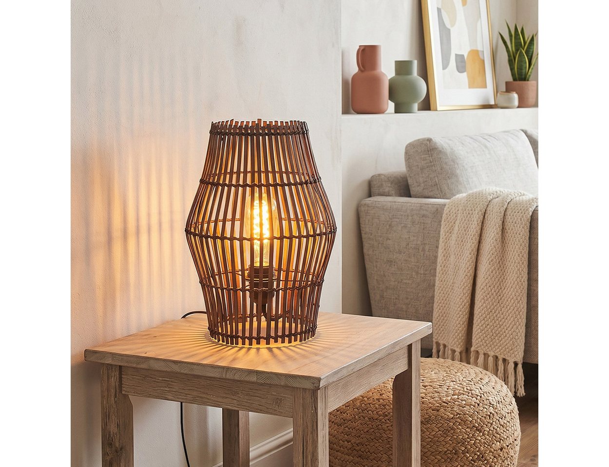 hofstein Tischleuchte Tischlampe aus Metall/Bambus in Schwarz/Braun, ohne Leuchtmittel, Tischleuchte im Boho-Design, Lichteffekt, Schalter am Kabel, 32cm, E27 Bild 4