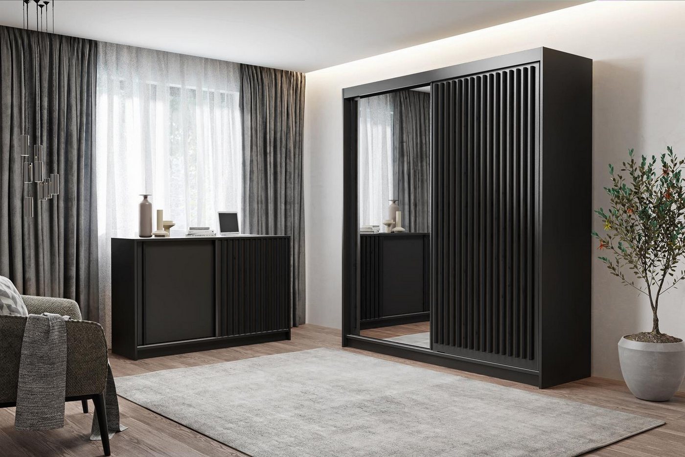 Compleo Schwebetürenschrank mit Spiegel und Lamellen ROY, Modern design Bild 2
