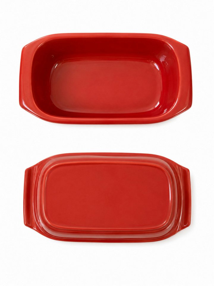 KERAZO Brotbackform 3,5L Keramik Bräter mit Deckel Brottopf Auflaufform 33x16x14cm, rot, Für knuspriges Brot und saftige Ofengerichte