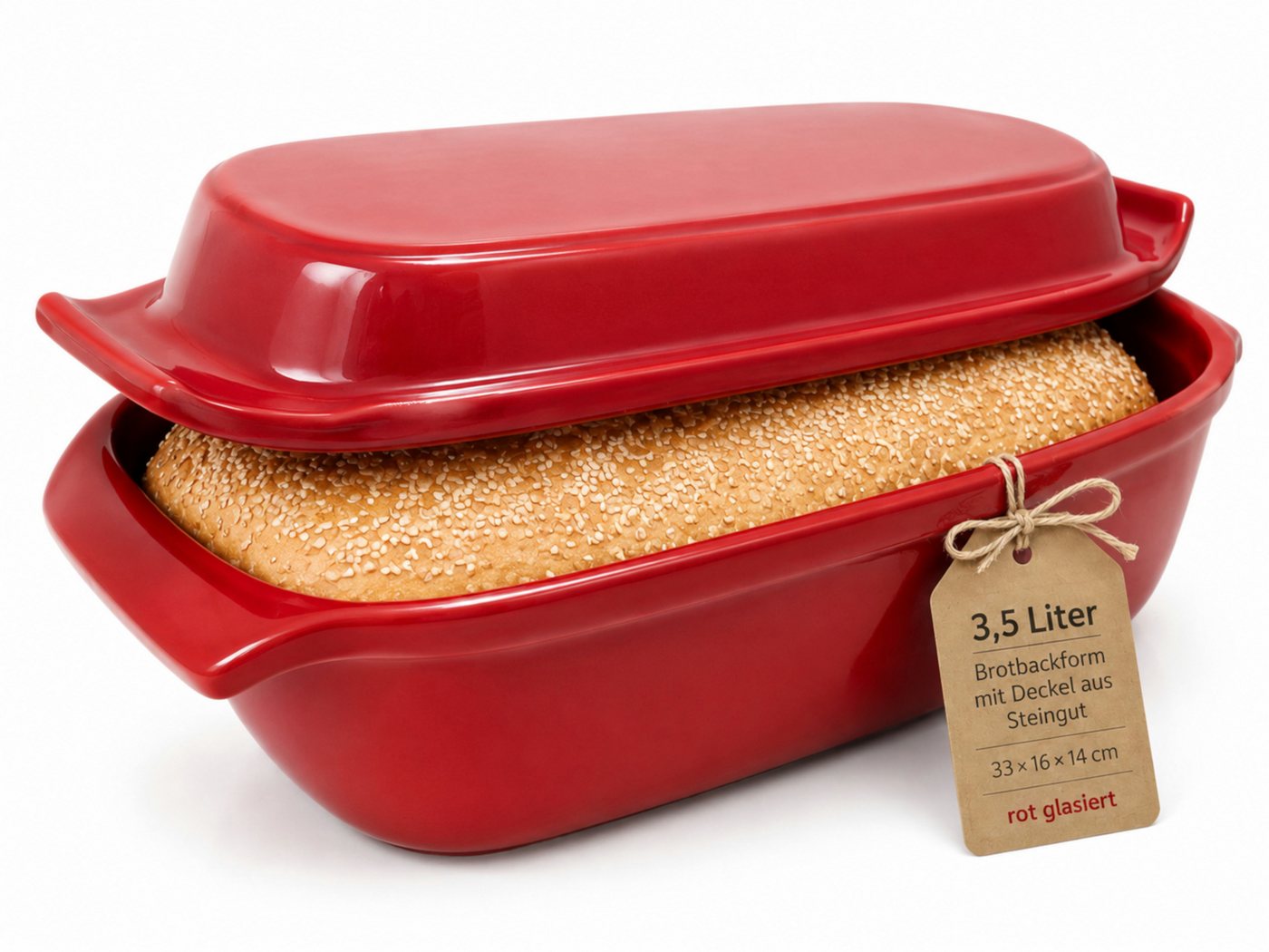 KERAZO Brotbackform 3,5L Keramik Bräter mit Deckel Brottopf Auflaufform 33x16x14cm, rot, Für knuspriges Brot und saftige Ofengerichte Bild 2
