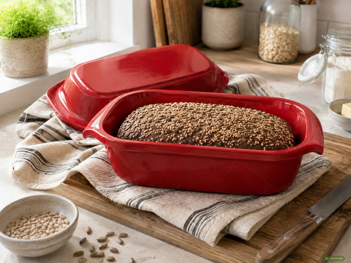 KERAZO Brotbackform 3,5L Keramik Bräter mit Deckel Brottopf Auflaufform 33x16x14cm, rot, Für knuspriges Brot und saftige Ofengerichte Bild 5