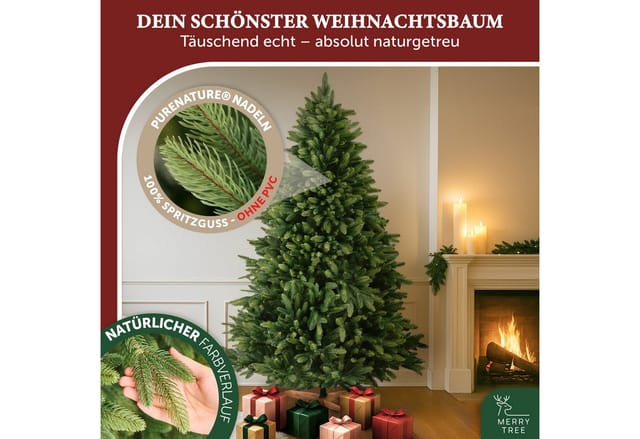 MERRY TREE Künstlicher Weihnachtsbaum Luxus Kunst-Tannenbaum, 100 % PE-Nadeln, Holzfuß, Nordmantanne, mit/ohne LED-Beleuchtung, Tannenbaum Spritzguss