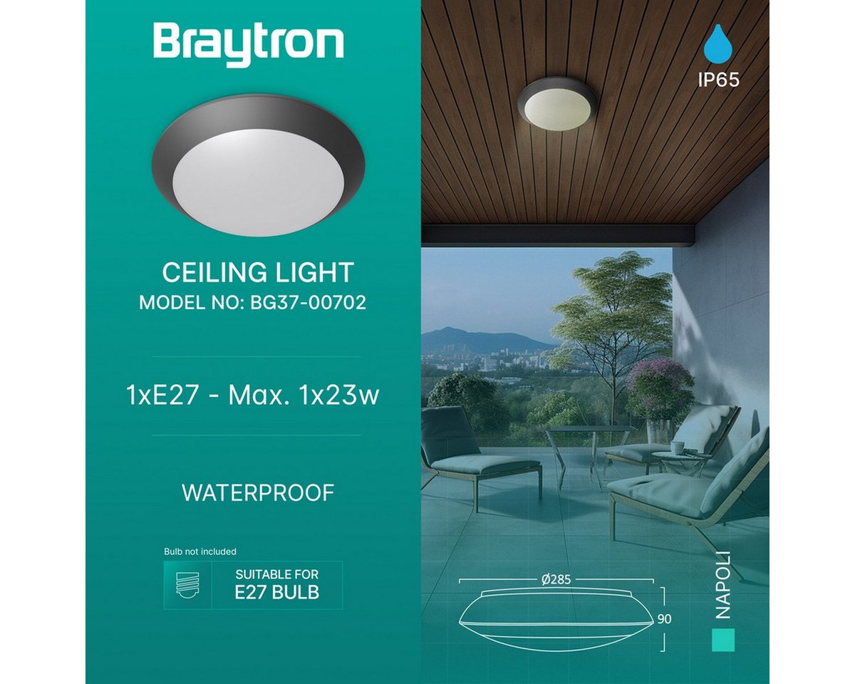 Braytron LED Deckenleuchte Deckenleuchte Deckenlampe Deckenlicht E27 Grau Eingang Flur A, ohne Leuchtmittel, IP65 wasserdicht