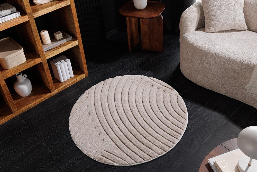 riess-ambiente Designteppich ART DECO Ø80cm beige/creme - rund, 3D-Strukturflor, Hoch-Tief-Effekt, rund, Höhe: 9 mm, weiche Haptik & für Fußbodenheizungen – ideal fürs Schlafzimmer