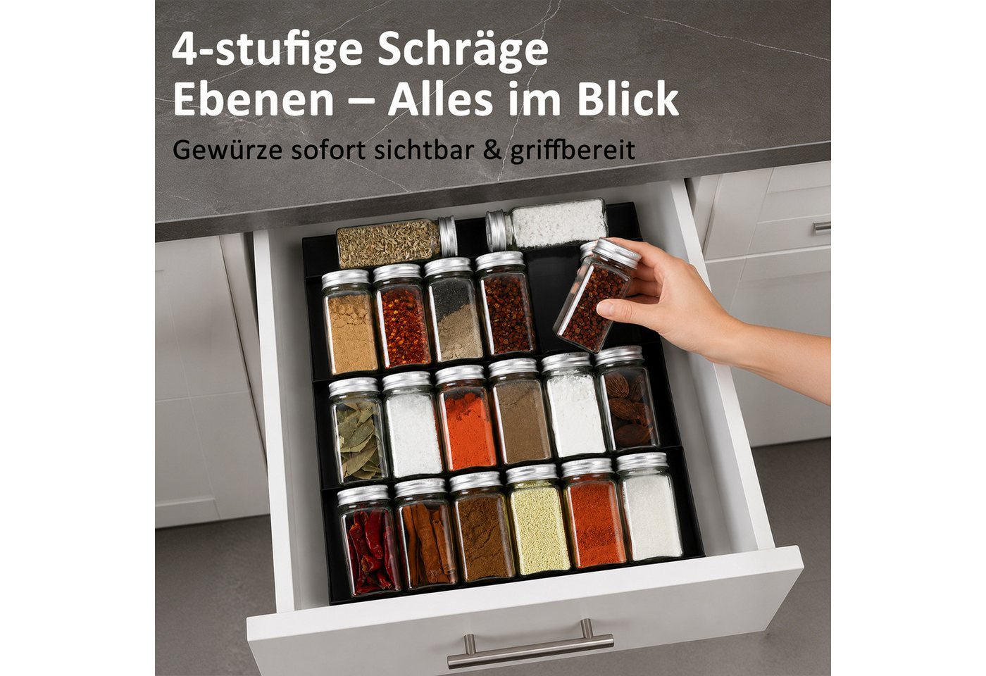 DAITORE Gewürzregal Gewürzregal Schublade, Verstellbare Breite, Ohne Gewürzgläser, Schubladeneinsatz Gewürze Schwarz