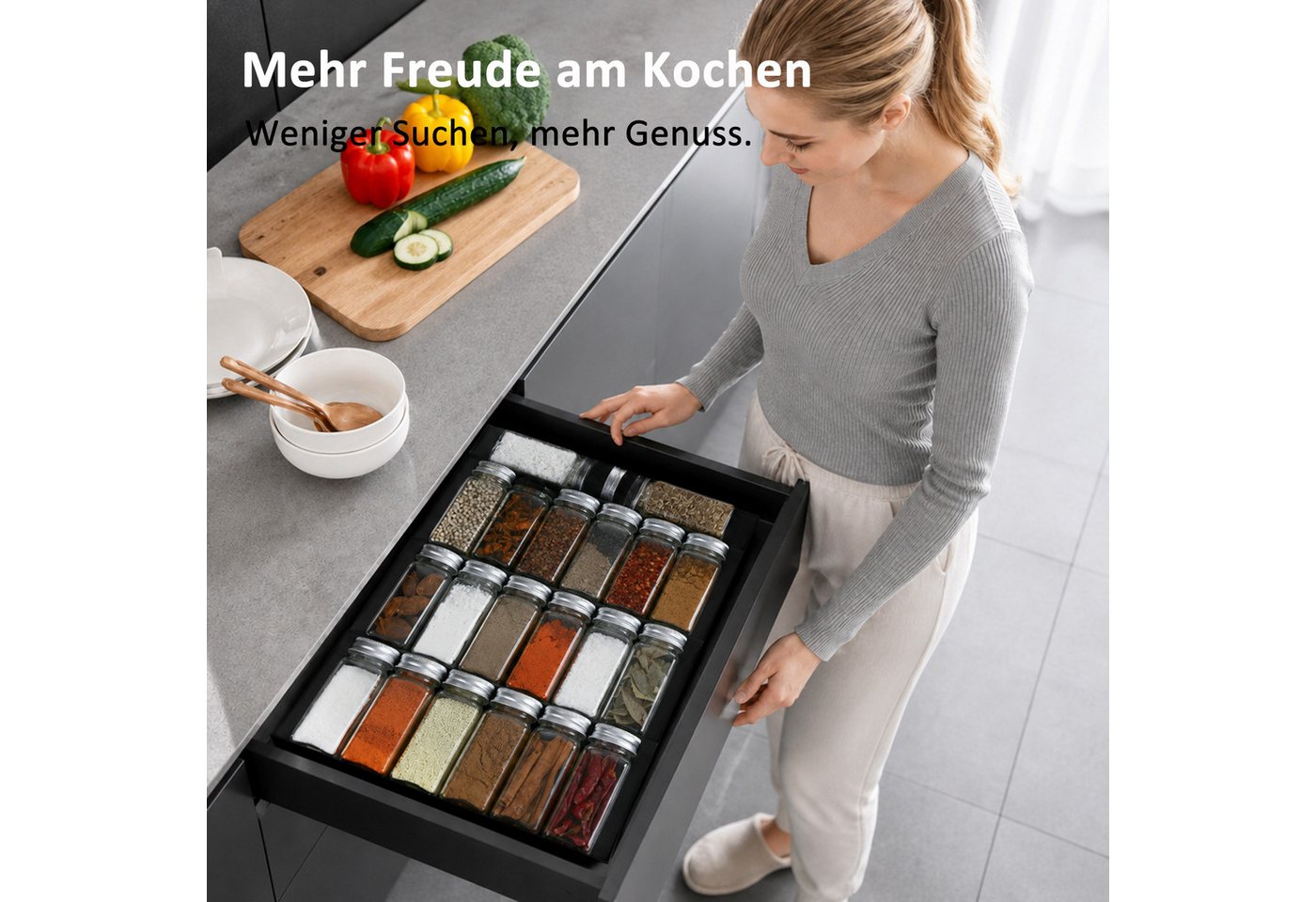 DAITORE Gewürzregal Gewürzregal Schublade, Verstellbare Breite, Ohne Gewürzgläser, Schubladeneinsatz Gewürze Schwarz Bild 4