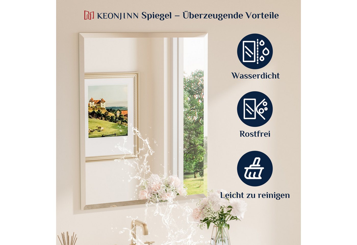 Keonjinn Badspiegel Wandspiegel mit Facettenschliff Spiegel ohne Rahmen (Montage quer & hoch), Rechteckig Spiegel mit Gehärtetes Glas und Splitterschutzfolie