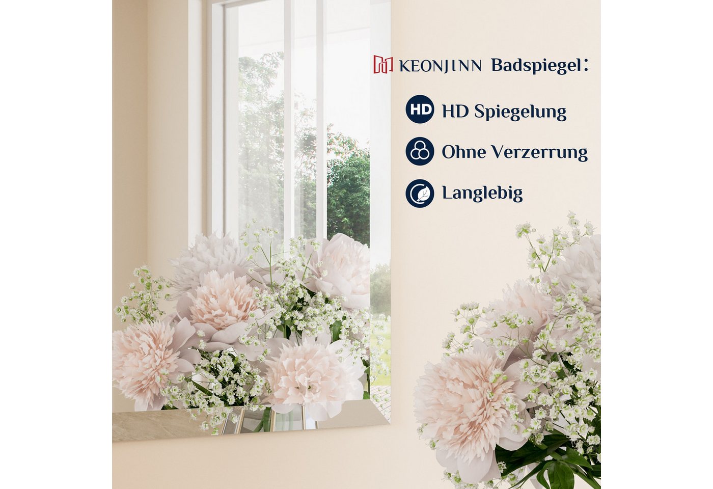 Keonjinn Badspiegel Wandspiegel mit Facettenschliff Spiegel ohne Rahmen (Montage quer & hoch), Rechteckig Spiegel mit Gehärtetes Glas und Splitterschutzfolie Bild 2
