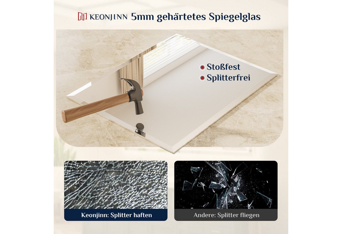 Keonjinn Badspiegel Wandspiegel mit Facettenschliff Spiegel ohne Rahmen (Montage quer & hoch), Rechteckig Spiegel mit Gehärtetes Glas und Splitterschutzfolie Bild 3