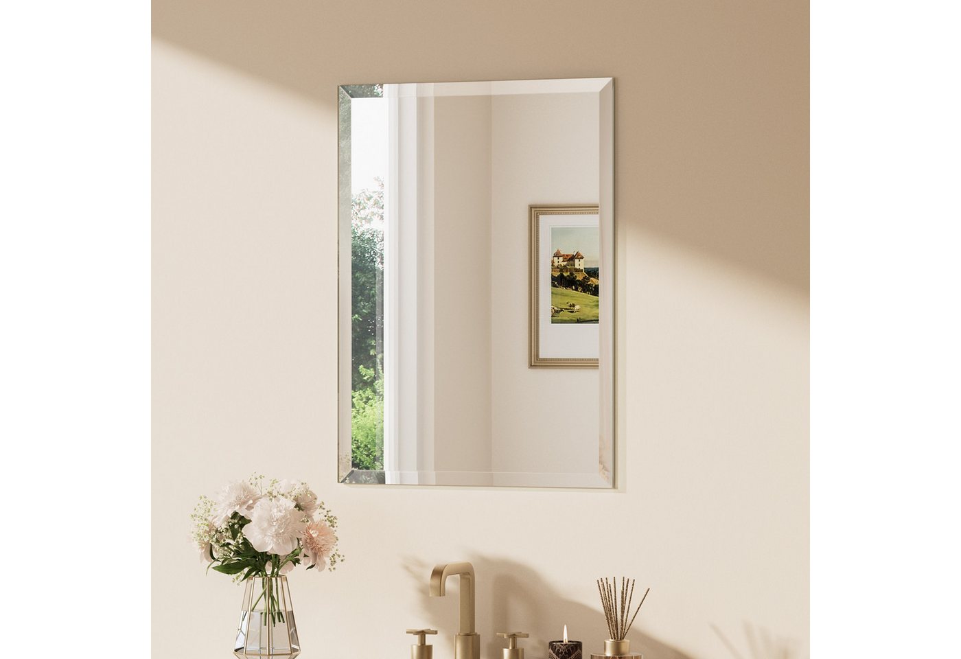 Keonjinn Badspiegel Wandspiegel mit Facettenschliff Spiegel ohne Rahmen (Montage quer & hoch), Rechteckig Spiegel mit Gehärtetes Glas und Splitterschutzfolie Bild 4