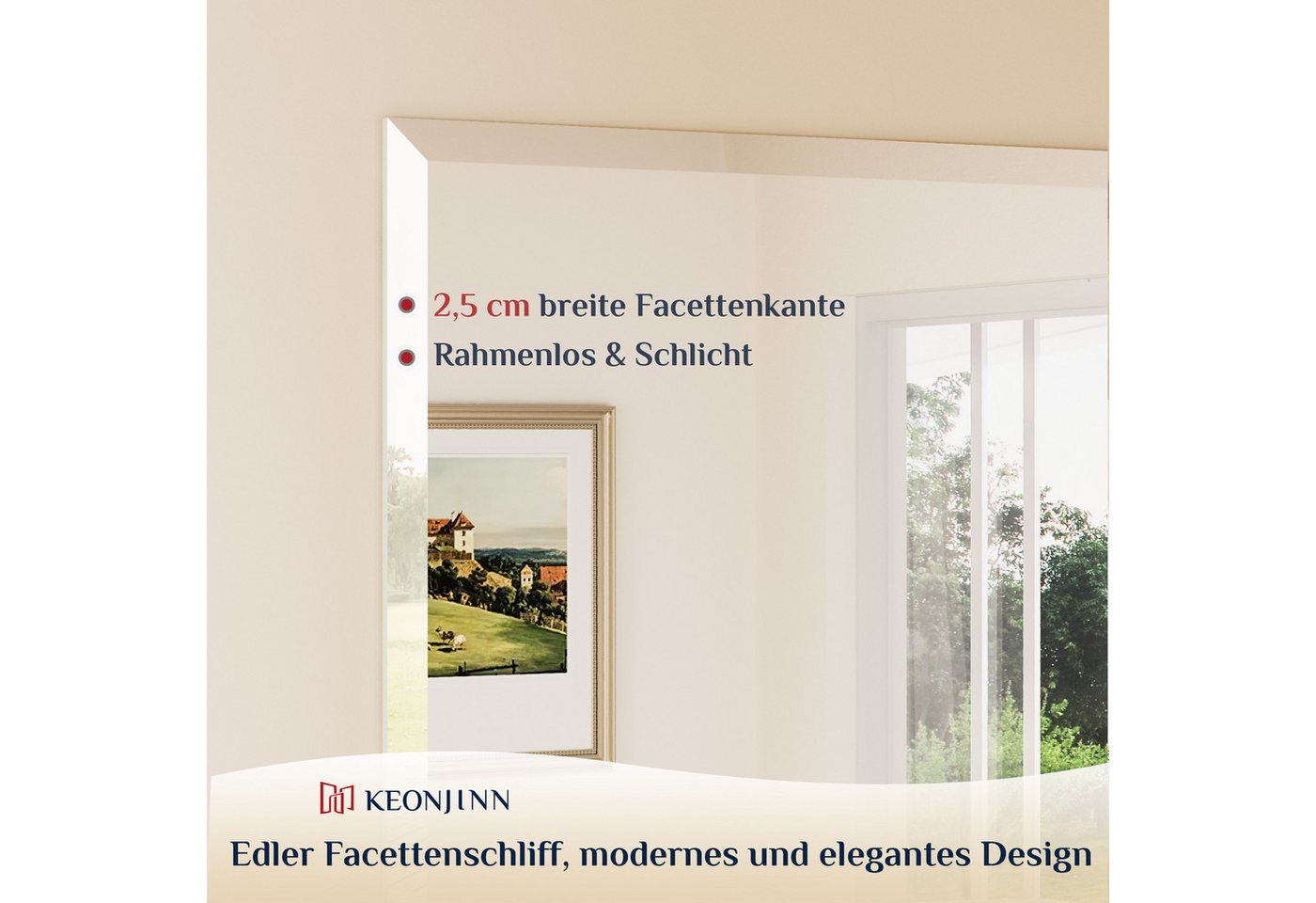 Keonjinn Badspiegel Wandspiegel mit Facettenschliff Spiegel ohne Rahmen (Montage quer & hoch), Rechteckig Spiegel mit Gehärtetes Glas und Splitterschutzfolie Bild 5