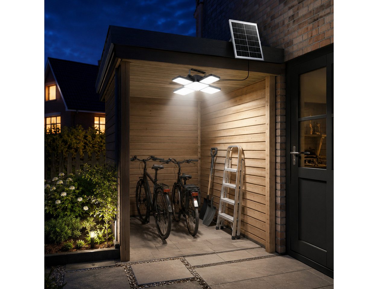 BlingBin LED Solarleuchte Solarlampe Decke LED Solar Deckenleuchte Outdoorfür Außen, LED fest integriert, Tageslichtweiß, IP65 wasserdicht, 4 Lichtmodi, 270° drehbar für Einfahrt Bild 2